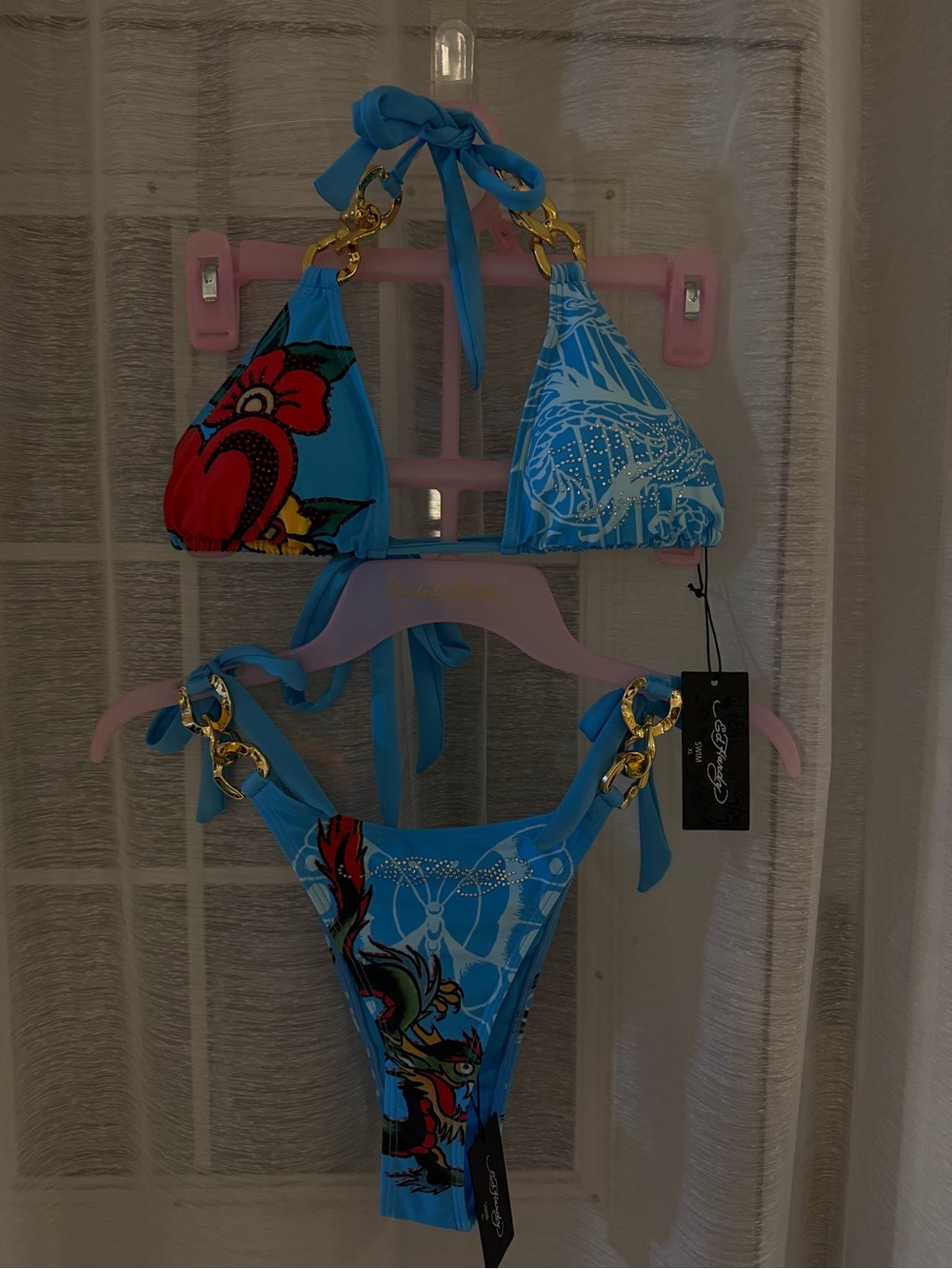 Ed Hardy Blue Floral Graphic Women’s Bikini with Gold Accents